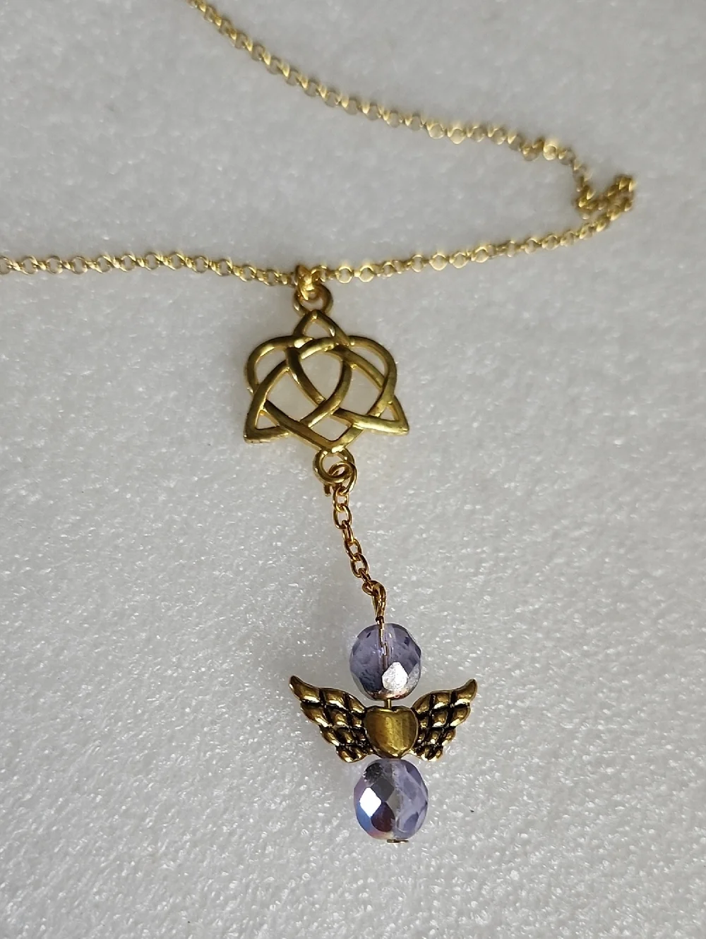 Hand Crafted Gold-Tone Celtic Knot Necklace with Lavender Bead Angel